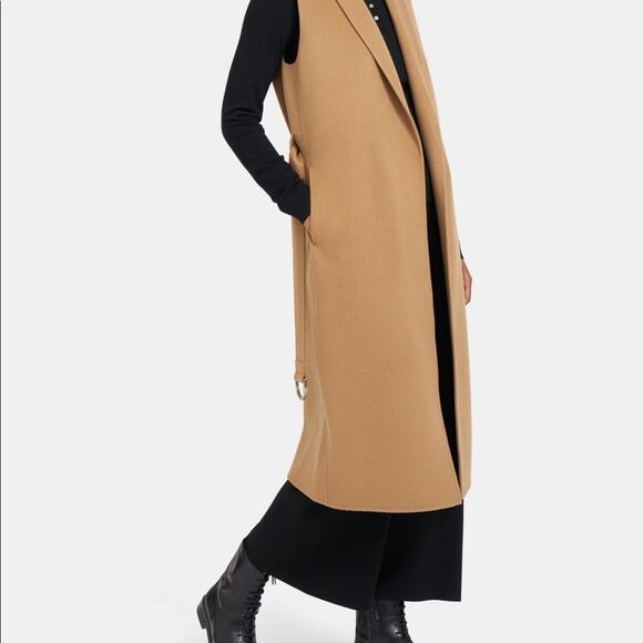 Theory Long Clairene Tan Wool Cashmere Sleeveless Belted Coat Size Petite - Picture 2 of 12
